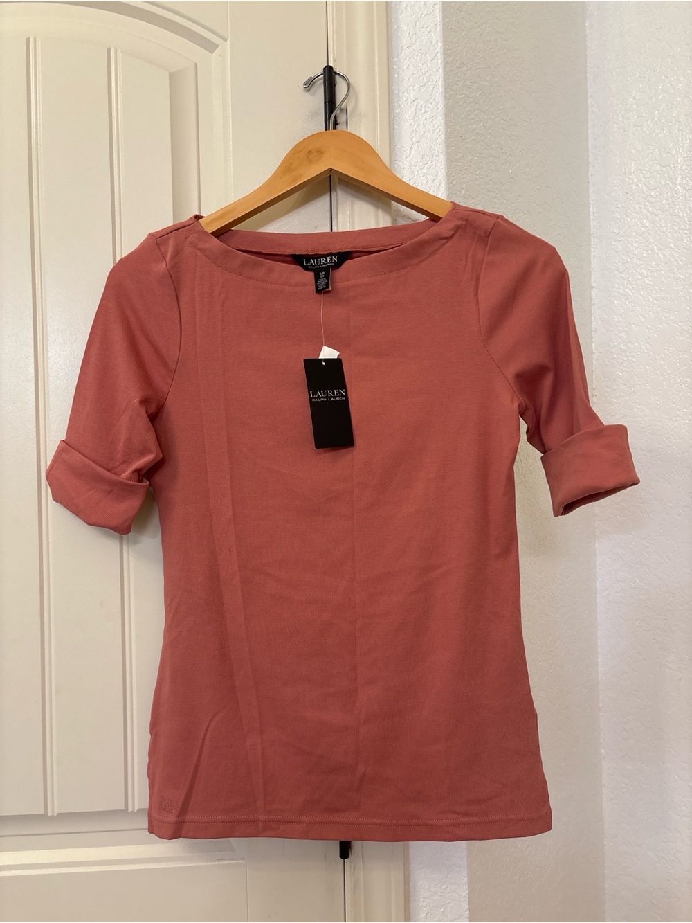 NWT Lauren Ralph Lauren Dusty Rose Boat Neck Elbow Sleeve Stretch Knit Top Small